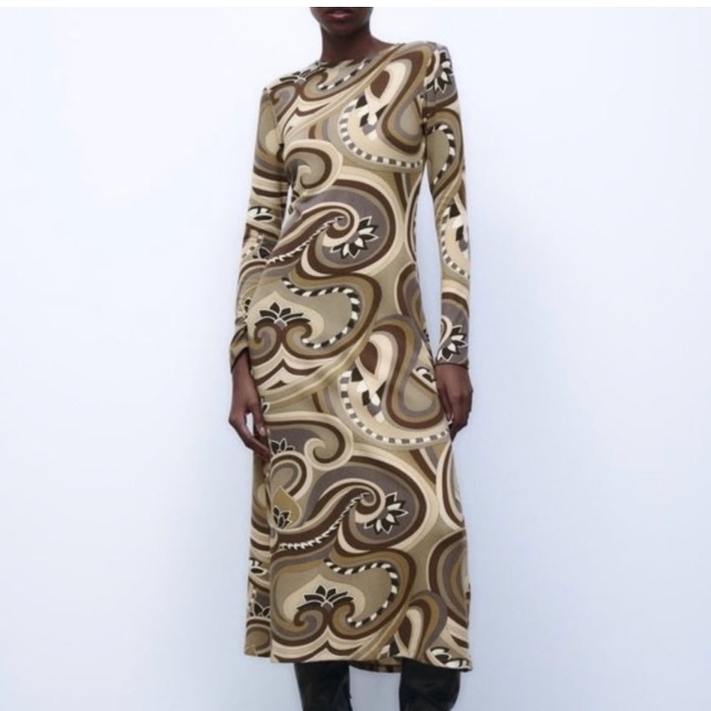 ZARA Retro Print Long Sleeve Midi Dress. New with tags